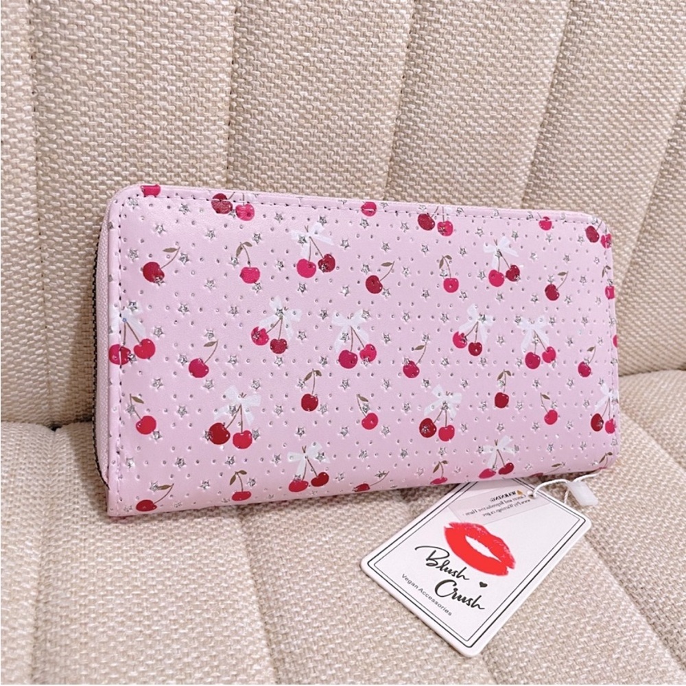 Blush Crush Pink Cherry Star Print Vegan Leather Zip Around Continental Wallet